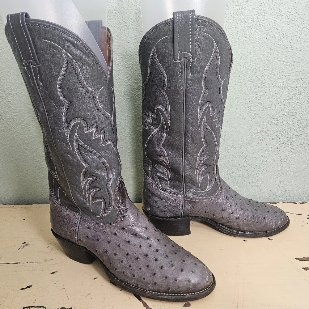 Nocona White Label Gray Ostrich Leather Western Boots 7.5 - Picture 1 of 11